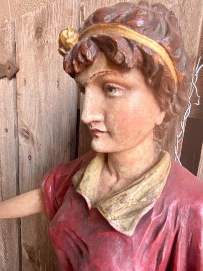 19th Century Wood Carved Circus Banner Woman, German Folk Art