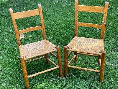 Pair of Oak Ladder-Back Chairs, Woven Seats
