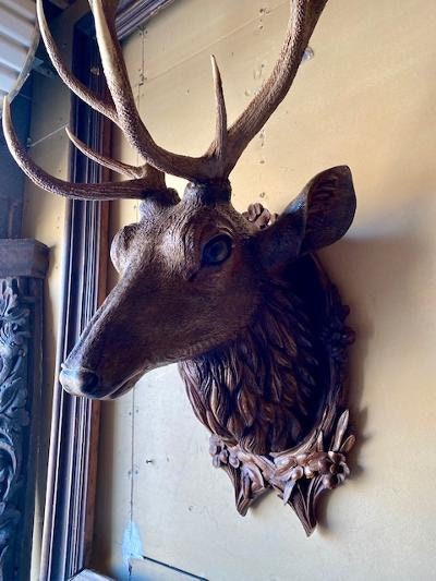Black Forest Carved Stag Head with Real Antlers, 19th Century