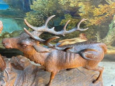 Black Forest Carved Stag and Doe, Wood Sculpture