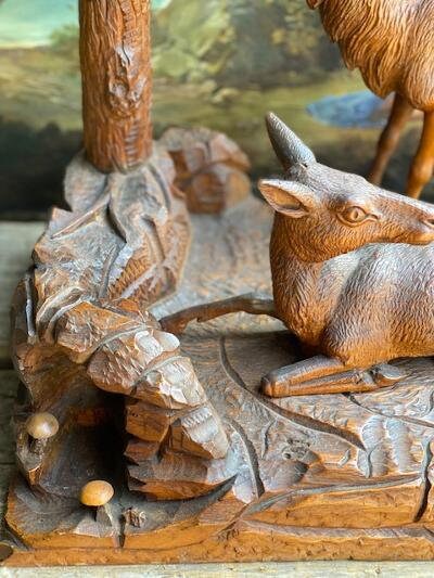 Black Forest Carved Stag and Doe, Wood Sculpture