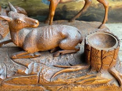 Black Forest Carved Stag and Doe, Wood Sculpture