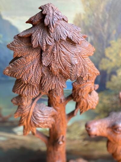 Black Forest Carved Stag and Doe, Wood Sculpture