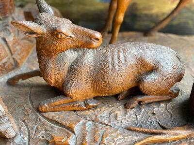 Black Forest Carved Stag and Doe, Wood Sculpture