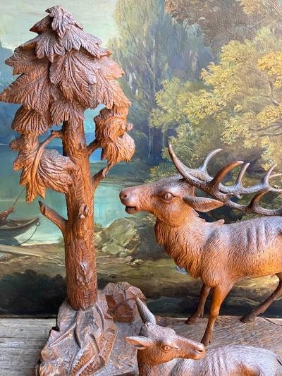 Black Forest Carved Stag and Doe, Wood Sculpture