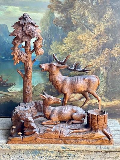 Black Forest Carved Stag and Doe, Wood Sculpture