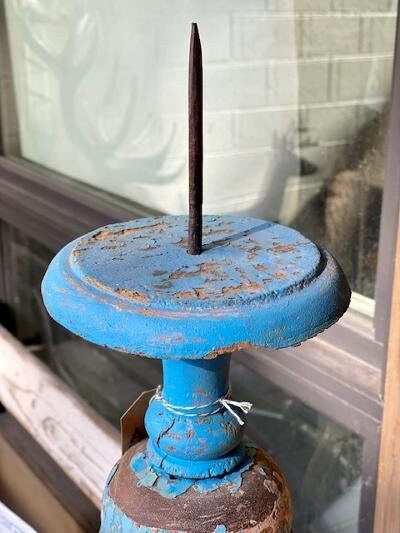 Antique Portuguese Wood-Carved Altar Stick, Blue Chippy Paint