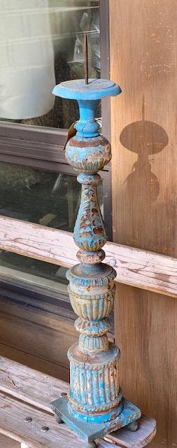Antique Portuguese Wood-Carved Altar Stick, Blue Chippy Paint