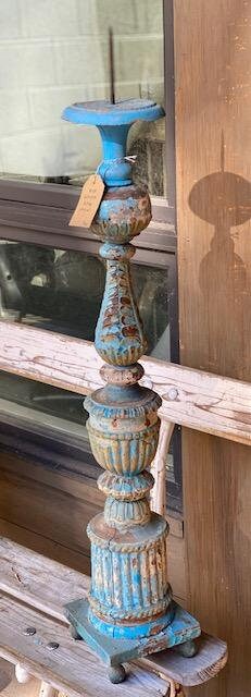 Antique Portuguese Wood-Carved Altar Stick, Blue Chippy Paint
