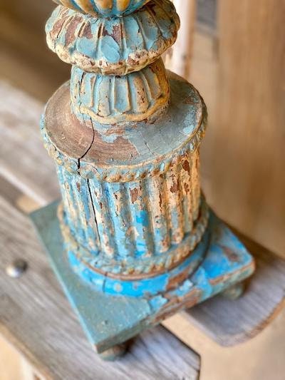 Antique Portuguese Wood-Carved Altar Stick, Blue Chippy Paint