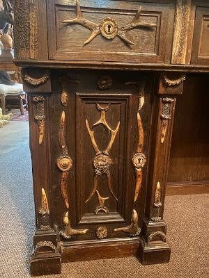 Antique German Antler Desk, Carved Oak, Circa 1880
