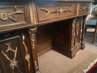 Antique German Antler Desk, Carved Oak, Circa 1880