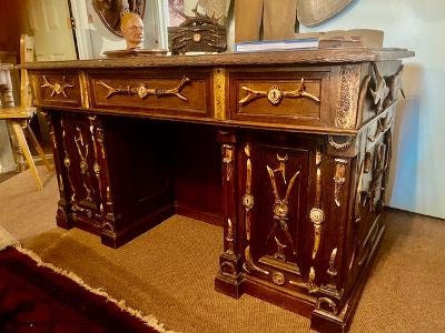 Antique German Antler Desk, Carved Oak, Circa 1880