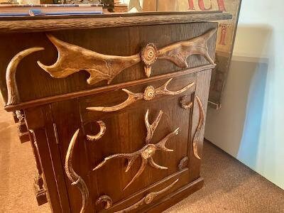 Antique German Antler Desk, Carved Oak, Circa 1880