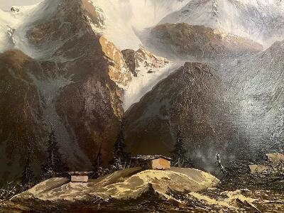J.E. Lemke Oil Painting, Alpine Mountain Scene, 1940s