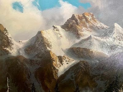 J.E. Lemke Oil Painting, Alpine Mountain Scene, 1940s