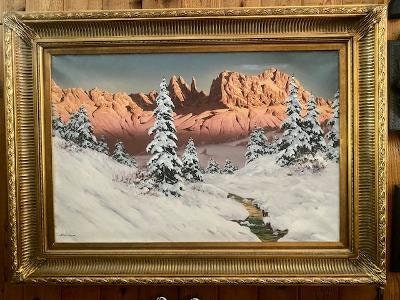 Hans Barma Oil on Canvas, Alpen Glow Mountain Painting