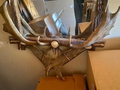 Large Antique German Antler Mirror, 67 Inches Tall