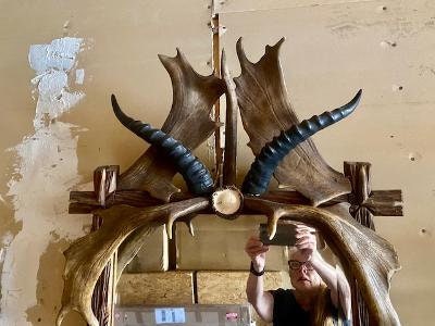Large Antique German Antler Mirror, 67 Inches Tall