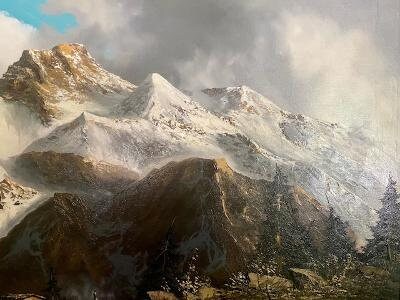 J.E. Lemke Oil Painting, Alpine Mountain Scene, 1940s