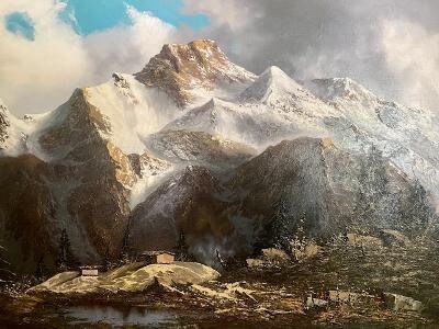 J.E. Lemke Oil Painting, Alpine Mountain Scene, 1940s