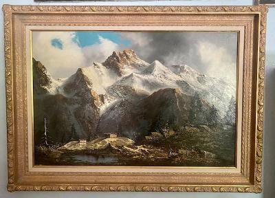 J.E. Lemke Oil Painting, Alpine Mountain Scene, 1940s