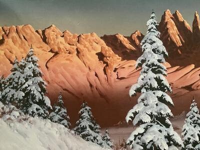 Hans Barma Oil on Canvas, Alpen Glow Mountain Painting