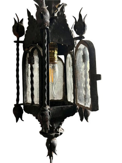 European Wrought Iron Hanging Lantern, Hand Wrought