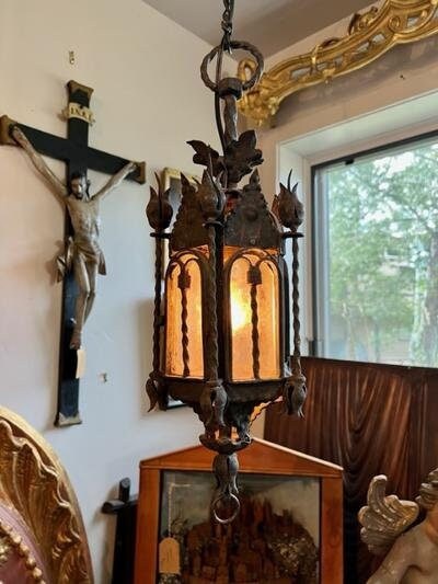 European Wrought Iron Hanging Lantern, Hand Wrought