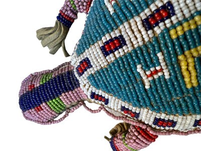 Native American Beaded Lizard Turtle Fetish Amulet, Hand Sewn