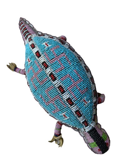 Native American Beaded Lizard Turtle Fetish Amulet, 10.5 Inch