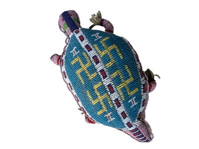 Native American Beaded Lizard Turtle Fetish Amulet, Hand Sewn