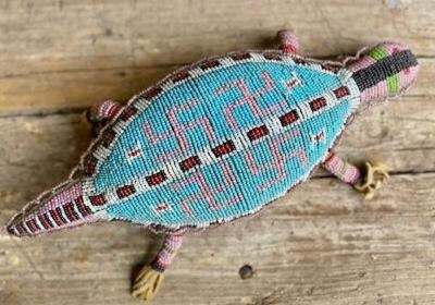 Native American Beaded Lizard Turtle Fetish Amulet, 10.5 Inch