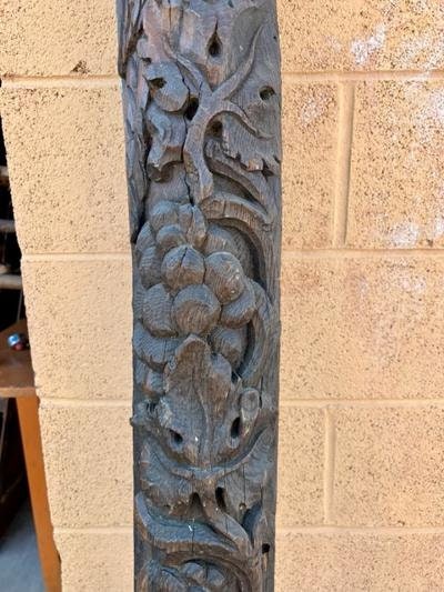 Carved Swiss Restaurant Post with Parrot, Twining Leaves