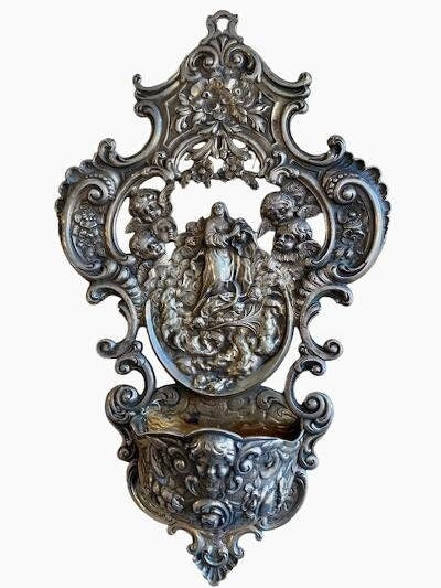 Antique Silver Holy Water Font with Silver Hallmark, St. Joseph