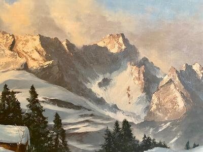 Oil Painting by Arno Lemke, Alpine Mountain Glow, 1930s