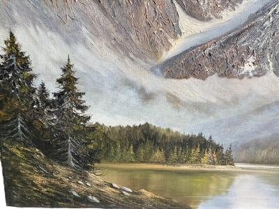 Mountain Oil Painting of the Alps by J.E. Lemke, Dated 1950