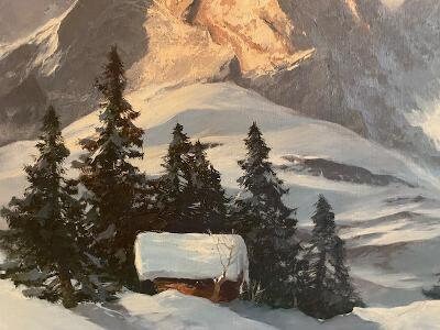 Oil Painting by Arno Lemke, Alpine Mountain Glow, 1930s