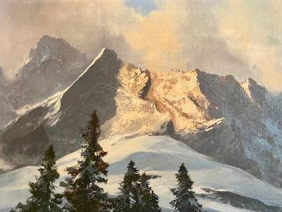 Oil Painting by Arno Lemke, Alpine Mountain Glow, 1930s