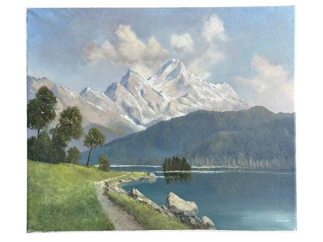 Alpine Landscape Oil Painting by Fritz Meyer, Munich, German Artist