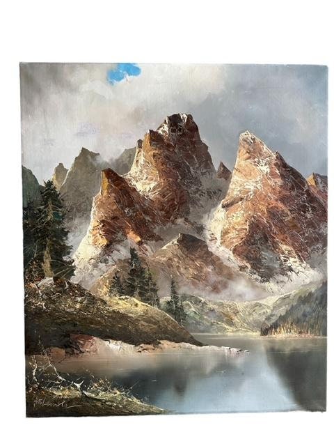 Oil Painting by J.E. Lemke, Alpine Mountain Scene, 1940s