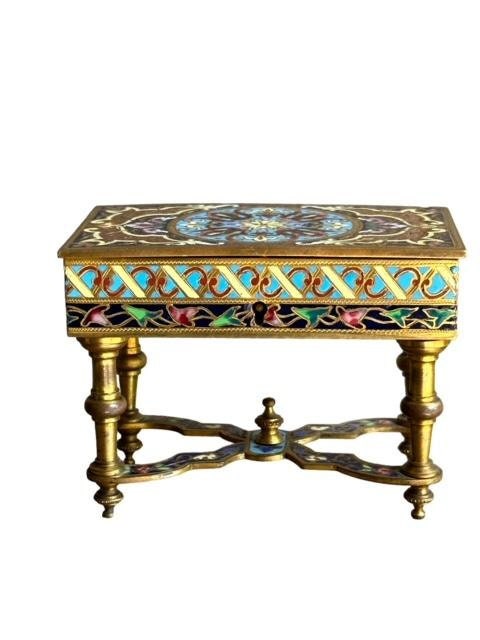 French Victorian Bronze Cloisonne Box, Floral Enamel, with Key