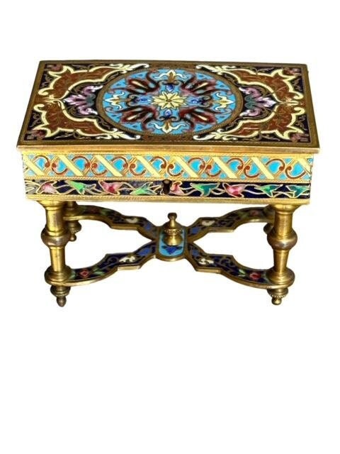 French Victorian Bronze Cloisonne Box, Floral Enamel, with Key