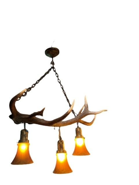 Antler Chandelier with Glass Shades, New Wiring, Rustic Cabin Lighting
