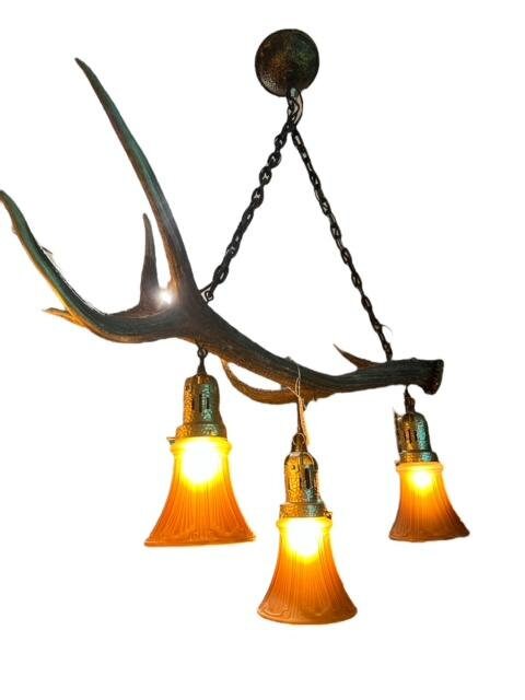 Antler Chandelier with Glass Shades, New Wiring, Rustic Cabin Lighting
