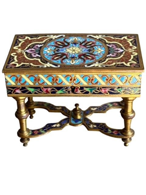 French Victorian Bronze Cloisonne Box, Floral Enamel, with Key
