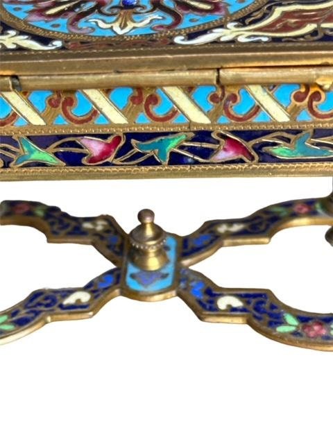 French Victorian Bronze Cloisonne Box, Floral Enamel, with Key