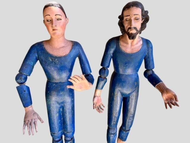 Pair of Large Antique Spanish Santos, Joseph and Mary, Articulated Joints