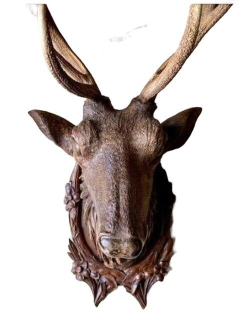 Black Forest Carved Stag Head with Real Antlers, 19th Century