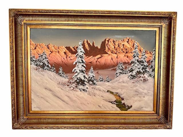 Hans Barma Oil on Canvas, Alpen Glow Mountain Painting